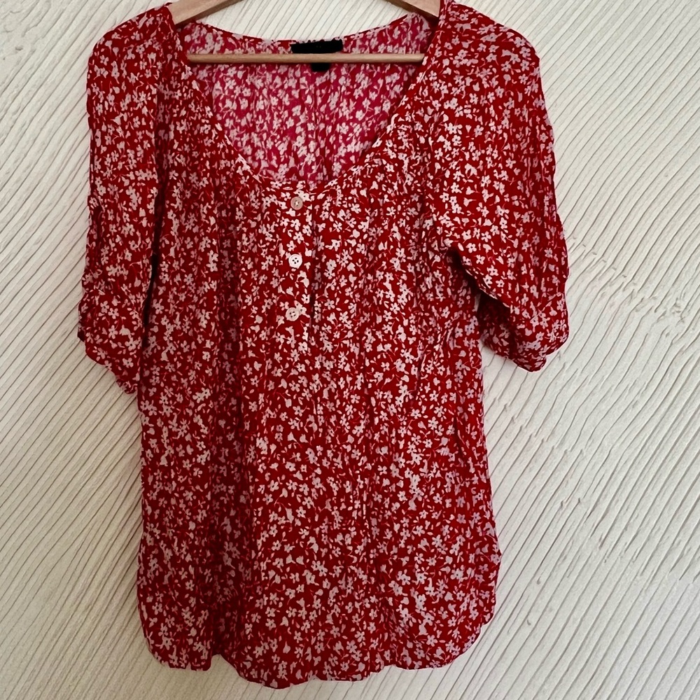 J. Crew Size XS Scoopneck Blouse Puff Sleeve Red White Floral Blouse Top